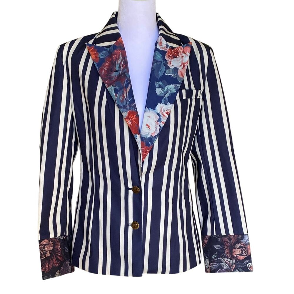 Futario Show-Off Striped Patchwork Blazer, Printed Suit Lapel Cuff Jacket Medium